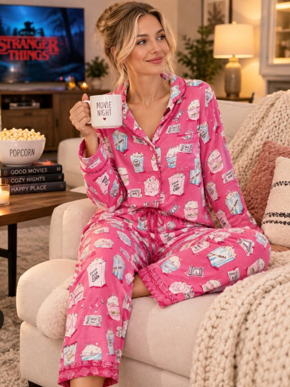 Munki Munki Pink Movie Print 2 Piece Pajama Set Women's Large